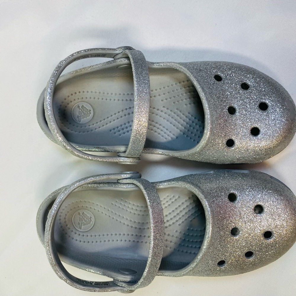Crocs girls silver glitter sandals shoes double ankle straps Sz 13 - Picture 3 of 9